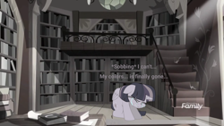 Size: 1366x768 | Tagged: safe, artist:wardex101, derpibooru import, edit, edited screencap, screencap, twilight sparkle, twilight sparkle (alicorn), alicorn, pony, rainbow roadtrip, bad end, book, bookshelf, crying, desaturated, discorded, discorded twilight, discovery family, discovery family logo, grayscale, library, logo, monochrome, railing, shelf, stairs, sunlight, table, twilight tragedy