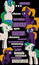 Size: 1920x3168 | Tagged: safe, artist:alexdti, derpibooru import, oc, oc only, oc:purple creativity, oc:star logic, pegasus, pony, unicorn, comic:quest for friendship, ..., black background, comic, dialogue, dot eyes, duo, duo male and female, ears back, female, folded wings, glasses, high res, hooves, horn, looking at someone, looking away, male, mare, open mouth, open smile, pegasus oc, ponytail, raised hoof, raised leg, simple background, smiling, speech bubble, stallion, standing, unicorn oc, wings