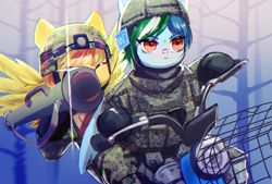 Size: 1775x1200 | Tagged: safe, artist:tingsan, derpibooru import, oc, oc only, oc:dirty flame, oc:tracer wake, pegasus, camouflage, clothes, electric bike, helmet, military, military uniform, pf-89, rocket launcher, uniform, weapon