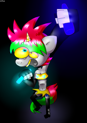 Size: 1369x1933 | Tagged: safe, artist:spritecranbirdie, derpibooru import, oc, oc only, anthro, unicorn, anorexic, arm warmers, bandaid, boots, breasts, clothes, female, glowing, glowstick, gold tooth, heterochromia, party, shoes, short shirt, skirt, small breasts, solo, tail, two toned mane, two toned tail, yellow sclera