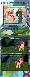 Size: 1838x4697 | Tagged: safe, artist:shootingstarsentry, derpibooru import, oc, oc only, oc:nightshade (digimonlover101), oc:star curve, changepony, hybrid, pony, unicorn, comic:the next generation, duo, duo female, everfree forest, female, high res, horn, interspecies offspring, magic, offspring, parent:king sombra, parent:queen chrysalis, parent:starlight glimmer, parent:sunburst, parents:chrysombra, parents:starburst, running, unicorn oc