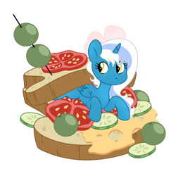 Size: 1024x1024 | Tagged: safe, artist:riofluttershy, derpibooru import, oc, oc:fleurbelle, alicorn, alicorn oc, bow, cheese, cucumber, female, food, hair bow, horn, mare, olive, sandwich, simple background, tomato, wings