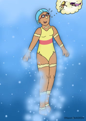 Size: 1024x1449 | Tagged: safe, artist:sparkbolt3020, derpibooru import, princess skystar, human, mermaid, my little pony: the movie, clothes, goggles, humanized, solo, story in the source, swimming, swimsuit, thought bubble, transformation, transformation sequence, underwater, water