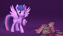 Size: 3840x2160 | Tagged: safe, artist:cutthroadstreak, derpibooru import, twilight sparkle, twilight sparkle (alicorn), alicorn, 3d, book, pile of books, smiling, solo, source filmmaker, standing