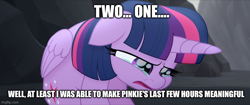 Size: 800x337 | Tagged: safe, derpibooru import, edit, edited screencap, screencap, twilight sparkle, twilight sparkle (alicorn), alicorn, pony, my little pony: the movie, caption, crying, dying for pie, ears, female, floppy ears, folded wings, image macro, imgflip, implied death, implied pinkie pie, mare, meme, pinkie pie's death, sad, solo, spongebob squarepants, text, wings