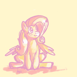 Size: 1280x1280 | Tagged: safe, artist:aquastal, derpibooru import, fluttershy, pegasus, pony, female, limited palette, looking away, looking up, mare, partially open wings, simple background, sitting, smiling, solo, wings, yellow background