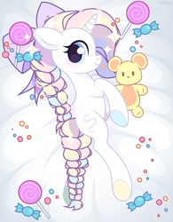 Size: 1000x1280 | Tagged: safe, artist:fenix-artist, derpibooru import, oc, oc only, pony, unicorn, body pillow, body pillow design, braid, candy, commission, eyelashes, female, food, horn, lollipop, mare, plushie, teddy bear, unicorn oc, ych result