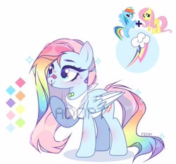 Size: 3127x2910 | Tagged: safe, artist:fenix-artist, derpibooru import, fluttershy, rainbow dash, oc, pegasus, pony, blood, colored wings, female, magical lesbian spawn, mare, multicolored hair, neckerchief, nosebleed, offspring, parent:fluttershy, parent:rainbow dash, parents:flutterdash, pegasus oc, rainbow hair, raised hoof, raised leg, simple background, two toned wings, white background, wings