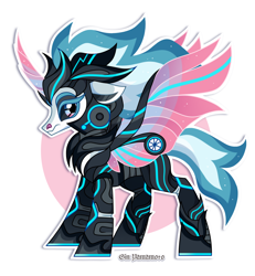 Size: 2150x2327 | Tagged: safe, artist:gkolae, derpibooru import, oc, oc only, alicorn, pony, abstract background, alicorn oc, armor, artificial wings, augmented, chest fluff, horn, mechanical wing, solo, wings