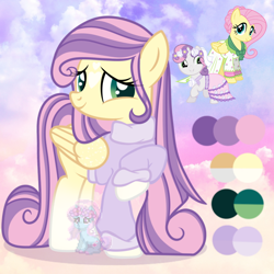 Size: 700x700 | Tagged: safe, artist:shiee-artopia223, derpibooru import, fluttershy, sweetie belle, pegasus, pony, unicorn, base used, clothes, dress, eyelashes, female, filly, foal, fusion, mare, raised hoof, raised leg, smiling, sweater, wings
