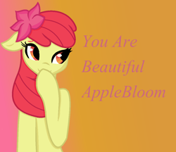 Size: 1000x862 | Tagged: safe, artist:felixaimeegarcia, derpibooru import, apple bloom, earth pony, pony, female, filly, flower, foal, hoof over mouth, smiling, solo, text