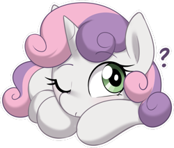 Size: 1189x1011 | Tagged: safe, artist:shinodage, sweetie belle, pony, unicorn, female, filly, foal, lying down, one eye closed, prone, question mark, simple background, solo, transparent background, white outline