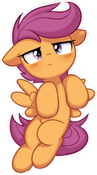 Size: 486x883 | Tagged: safe, artist:shinodage, scootaloo, pegasus, pony, annoyed, blushing, ears, female, filly, floppy ears, foal, frown, looking at you, simple background, solo, transparent background, white outline