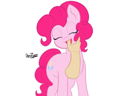 Size: 1032x774 | Tagged: safe, artist:datzigga, edit, editor:undeadponysoldier, pinkie pie, earth pony, human, pony, cute, diapinkes, disembodied hand, eyes closed, female, finger in mouth, hand, happy, human male, human male on mare, human on pony action, interspecies, male, mare, open mouth, open smile, recolor, simple background, smiling, straight, white background