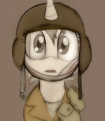 Size: 1910x2200 | Tagged: safe, artist:datte-before-dawn, oc, oc only, pony, unicorn, bandage, clothes, female, helmet, horn, mare, open mouth, solo, thousand yard stare, uniform
