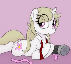 Size: 2200x2000 | Tagged: safe, artist:datte-before-dawn, oc, oc only, oc:cherry blossom, pony, unicorn, amputee, eye clipping through hair, female, horn, mare, necktie, prone, prosthetic leg, prosthetic limb, prosthetics, solo, unicorn oc