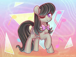 Size: 1600x1200 | Tagged: safe, artist:musicfirewind, derpibooru import, octavia melody, earth pony, pony, 2020, 80's-ish, bowtie, collar, female, full body, gradient background, looking at you, music notes, old art, one eye closed, raised hoof, raised leg, signature, solo, wink