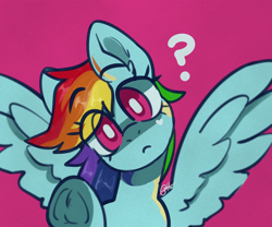 Size: 3000x2500 | Tagged: safe, artist:goshhhh, derpibooru import, rainbow dash, pegasus, pony, :<, bust, colored pupils, curious, cute, dashabetes, ear fluff, ears, female, frog (hoof), head tilt, heart, high res, looking at you, mare, pink background, portrait, question mark, simple background, solo, spread wings, underhoof, wings