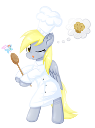 Size: 1578x2107 | Tagged: safe, artist:rainbow eevee, derpibooru import, derpy hooves, pegasus, pony, baker, bipedal, chef, chef's hat, cute, derpabetes, eyelashes, female, folded wings, food, hat, muffin, one eye closed, simple background, solo, spoon, standing, thought bubble, tongue, tongue out, transparent background, vector, wings, wooden spoon, yellow hair