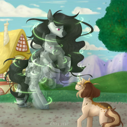 Size: 4252x4252 | Tagged: source needed, useless source url, safe, artist:chrystal_company, derpibooru import, oc, oc:elinvar, oc:oretha, pony, unicorn, commission, giant pony, growth, growth spell, macro, magic, size difference, ych result