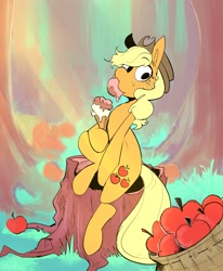 Size: 2467x3000 | Tagged: safe, artist:urbanqhoul, derpibooru import, applejack, earth pony, pony, apple, eating, female, food, grass, ice cream, looking at you, sitting, solo, tree stump