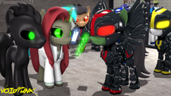 Size: 3840x2160 | Tagged: safe, artist:fireemerald123, derpibooru import, oc, oc:dr.caduceus, oc:holly berry, oc:smokey, cyborg, unicorn, 3d, clipboard, ebvca, glowing, glowing eyes, pen, source filmmaker, void entity, voidpunk, watermark