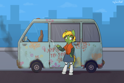 Size: 3000x2000 | Tagged: safe, artist:buy_some_apples, derpibooru import, oc, earth pony, pony, amputee, car, city, clothes, prosthetic leg, prosthetic limb, prosthetics, smoking, solo