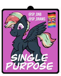 Size: 1176x1463 | Tagged: safe, artist:single purpose, derpibooru import, oc, oc only, oc:treading step, pegasus, badge, con badge, gay pride flag, looking at you, pride, pride flag, solo