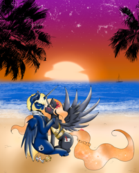 Size: 1980x2462 | Tagged: safe, artist:niniibear, derpibooru import, oc, oc only, pony, beach, duo, eyelashes, female, mare, oc x oc, palm tree, shipping, stars, tree, twilight (astronomy)