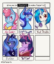 Size: 1715x2048 | Tagged: safe, artist:mscolorsplash, derpibooru import, cup cake, dj pon-3, minuette, princess luna, twilight sparkle, vinyl scratch, alicorn, earth pony, pony, unicorn, apron, book, clothes, female, glasses off, levitation, magic, mare, s1 luna, six fanarts, smiling, telekinesis