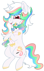 Size: 1035x1663 | Tagged: safe, alternate version, artist:moonert, derpibooru import, princess celestia, oc, alicorn, pony, unicorn, ear fluff, ears, female, horn, hug, mare, plushie, simple background, transparent background, unicorn oc