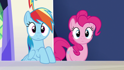 Size: 1280x720 | Tagged: safe, derpibooru import, screencap, pinkie pie, rainbow dash, earth pony, pegasus, pony, 28 pranks later, season 6, cute, dashabetes, diapinkes, duo, duo female, female, looking at you, mare, reaction image, staring into your soul