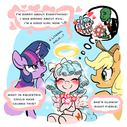 Size: 2076x2084 | Tagged: safe, artist:anonymous, derpibooru import, applejack, cozy glow, twilight sparkle, twilight sparkle (alicorn), oc, oc:anon, alicorn, earth pony, human, pegasus, pony, a better ending for cozy, applejack's hat, blushing, bouquet, clothes, cowboy hat, cozybetes, cute, dialogue, eyes closed, female, filly, flower, foal, good end, halo, happy, hat, heart, hoof hold, hoof on chin, human male, male, mare, open mouth, raised hoof, raised leg, sitting, smiling, speech bubble, spread wings, talking, thought bubble, tilde, wings