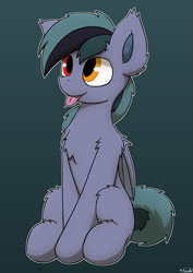 Size: 2893x4092 | Tagged: safe, artist:monycaalot, derpibooru import, oc, oc only, oc:scrimmy, bat pony, pony, bat pony oc, cute, full body, heterochromia, male, simple background, sitting, solo, tongue, tongue out