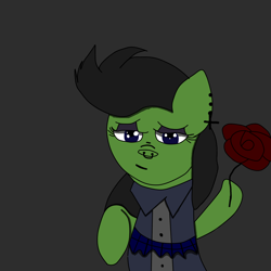 Size: 2000x2000 | Tagged: safe, derpibooru import, oc, oc only, oc:mosskin, earth pony, pony, black background, black mane, clothes, dress, ear piercing, edgy, flower, goth, makeup, piercing, rose, simple background, smiling, solo