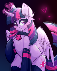Size: 1447x1811 | Tagged: safe, artist:rico_chan, derpibooru import, twilight sparkle, twilight sparkle (alicorn), alicorn, pony, g4, bell, bell collar, cat bell, clothes, collar, ear fluff, ears, eye clipping through hair, eyebrows, eyebrows visible through hair, female, glowing, glowing horn, gradient background, grin, heart, heart eyes, horn, looking at you, magic, magic aura, mare, partially open wings, signature, sitting, sketch, smiling, smiling at you, solo, stockings, thigh highs, wingding eyes, wings