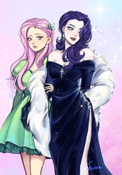 Size: 735x1053 | Tagged: safe, artist:sasha. a__, derpibooru import, fluttershy, rarity, human, alternate hairstyle, clothes, dress, duo, ear piercing, earring, evening gloves, eyeshadow, female, flarity, fur coat, gloves, grin, hair over one eye, humanized, jewelry, lesbian, lipstick, long gloves, makeup, necklace, one eye closed, piercing, shipping, smiling, wink