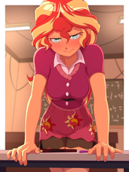 Size: 1200x1600 | Tagged: safe, artist:rockset, sunset shimmer, human, equestria girls, angry, big breasts, breasts, humanized, school, schoolgirl, skirt, sunset jiggler