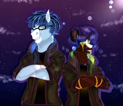 Size: 4096x3543 | Tagged: safe, artist:inisealga, derpibooru import, oc, oc only, oc:cherry fuse, oc:soaring spirit, anthro, clothes, cloud, coat, coat markings, crossed arms, cyberpunk, duo, facial markings, female, glasses, male, mare, multicolored hair, multicolored mane, sky, socks (coat marking), stallion, tongue, tongue out