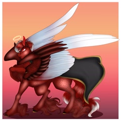 Size: 2544x2549 | Tagged: safe, artist:inisealga, derpibooru import, oc, oc only, oc:redflare, pegasus, pony, cape, clothes, colored wings, commission, halo, large wings, male, multicolored wings, pegasus oc, solo, spread wings, stallion, unshorn fetlocks, wings