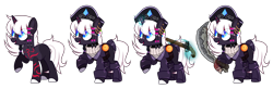 Size: 7716x2520 | Tagged: safe, artist:idkhesoff, derpibooru import, oc, oc only, oc:diamond doubloon, pony, unicorn, belt, boots, clothes, coat, coat markings, cutlass, ear piercing, earring, eyeshadow, female, flintlock, glowing, glowing horn, gun, handgun, hat, horn, jewelry, levitation, magic, makeup, mare, open mouth, piercing, pirate, pirate hat, pistol, raised hoof, raised leg, scar, shirt, shoes, simple background, solo, sweater, sword, tattoo, telekinesis, transparent background, weapon