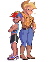 Size: 947x1197 | Tagged: safe, artist:ashtoduski, artist:bokkitoki, derpibooru import, applejack, rainbow dash, human, appledash, applejack's hat, belt, boots, clothes, cowboy boots, cowboy hat, crossed arms, dark skin, duo, female, flannel, grin, hat, height difference, humanized, jeans, lesbian, pants, shipping, shoes, shorts, simple background, size difference, smiling, smoldash, sneakers, sports bra, sports shorts, straw in mouth, tanktop, white background