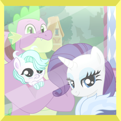 Size: 1000x1000 | Tagged: safe, artist:snowwind69, derpibooru import, rarity, spike, oc, oc:emerald turquoise, dracony, hybrid, pony, unicorn, base used, family, female, filly, foal, interspecies offspring, looking at you, male, mare, offspring, older, older spike, parent:rarity, parent:spike, parents:sparity, photo, shipping, sparity, straight, trio