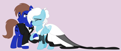 Size: 5058x2128 | Tagged: safe, artist:feather_bloom, derpibooru import, oc, oc:blue_skies, oc:feather_bloom, earth pony, pegasus, pony, bowtie, clothes, couple, crying, dress, hair bun, happy, holding hooves, in love, love, marriage, simple background, tears of joy, tuxedo, wedding, wedding dress