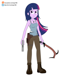Size: 4401x4753 | Tagged: safe, artist:eagc7, derpibooru import, twilight sparkle, twilight sparkle (alicorn), alicorn, equestria girls, absurd resolution, bare shoulders, boots, clothes, eyebrows, female, frown, gun, handgun, ice axe, jewelry, ko-fi, lara croft, looking at you, necklace, patreon, patreon reward, pistol, shoes, signature, simple background, sleeveless, solo, tanktop, tomb raider, torn clothes, weapon, white background