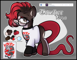 Size: 7000x5500 | Tagged: safe, artist:sadfloorlamp, derpibooru import, oc, earth pony, hybrid, original species, pony, clothes, ear piercing, earring, glasses, jewelry, nose piercing, piercing, ponified, print, reference, reference sheet, septum piercing, shirt, snake tail, solo, t-shirt, tail