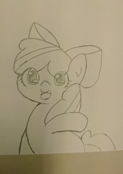 Size: 729x1024 | Tagged: safe, artist:up_p_ab, derpibooru import, apple bloom, earth pony, pony, female, filly, foal, solo, traditional art, waving