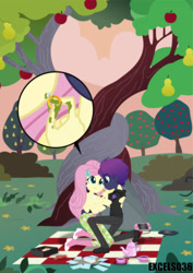 Size: 579x816 | Tagged: safe, artist:excelso36, fluttershy, oc, human, equestria girls, apple tree, canon x oc, engagement, engagement ring, humanized, intertwined trees, pear tree, picnic, shipping, teapot, winged humanization, wings