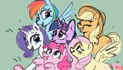 Size: 3309x1907 | Tagged: safe, artist:alumx, derpibooru import, applejack, fluttershy, pinkie pie, rainbow dash, rarity, twilight sparkle, unicorn twilight, earth pony, pegasus, pony, unicorn, friendship is magic, eyebrows, eyebrows visible through hair, eyes closed, female, high res, mane six, mare, open mouth, open smile, scene interpretation, smiling, spread wings, wings