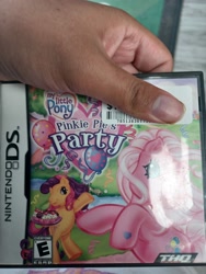 Size: 3000x4000 | Tagged: safe, derpibooru import, pinkie pie (g3), scootaloo (g3), earth pony, human, pony, g3, box art, hand on hip, irl, irl human, nintendo, nintendo ds, photo, price tag, video game